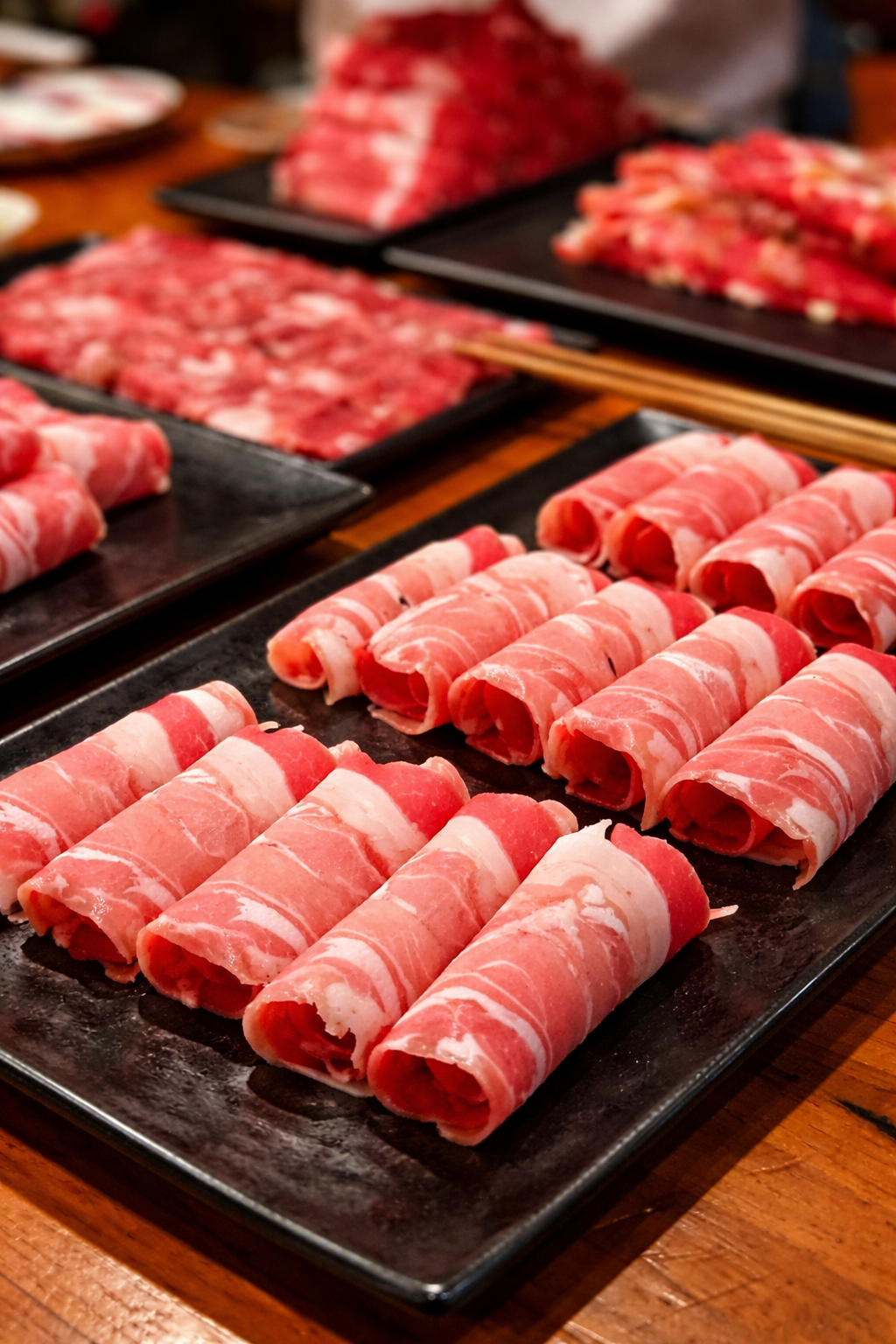 thinly sliced beef rolls on plates
